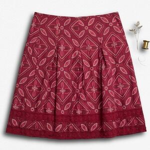 FLAWED Apt. 9 Burgundy Geometric Print Cotton A-Line Skirt Crochet Lace Trim 16